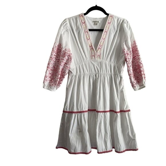 Versona Women S White Pink Eyelet Embroidered Boho V-Neck Tiered A-Line Sundress - Picture 2 of 10